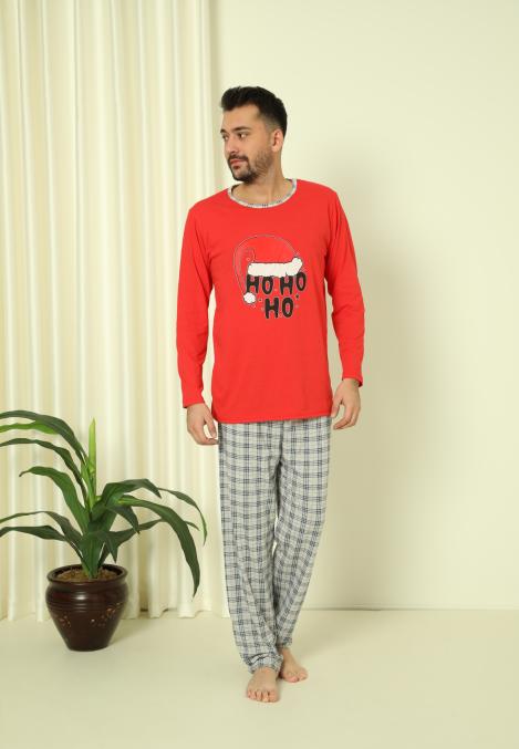 Pijama barbati Craciun "HO HO" maneca lunga ,pantaloni lungi,Culoare Rosu, Engros